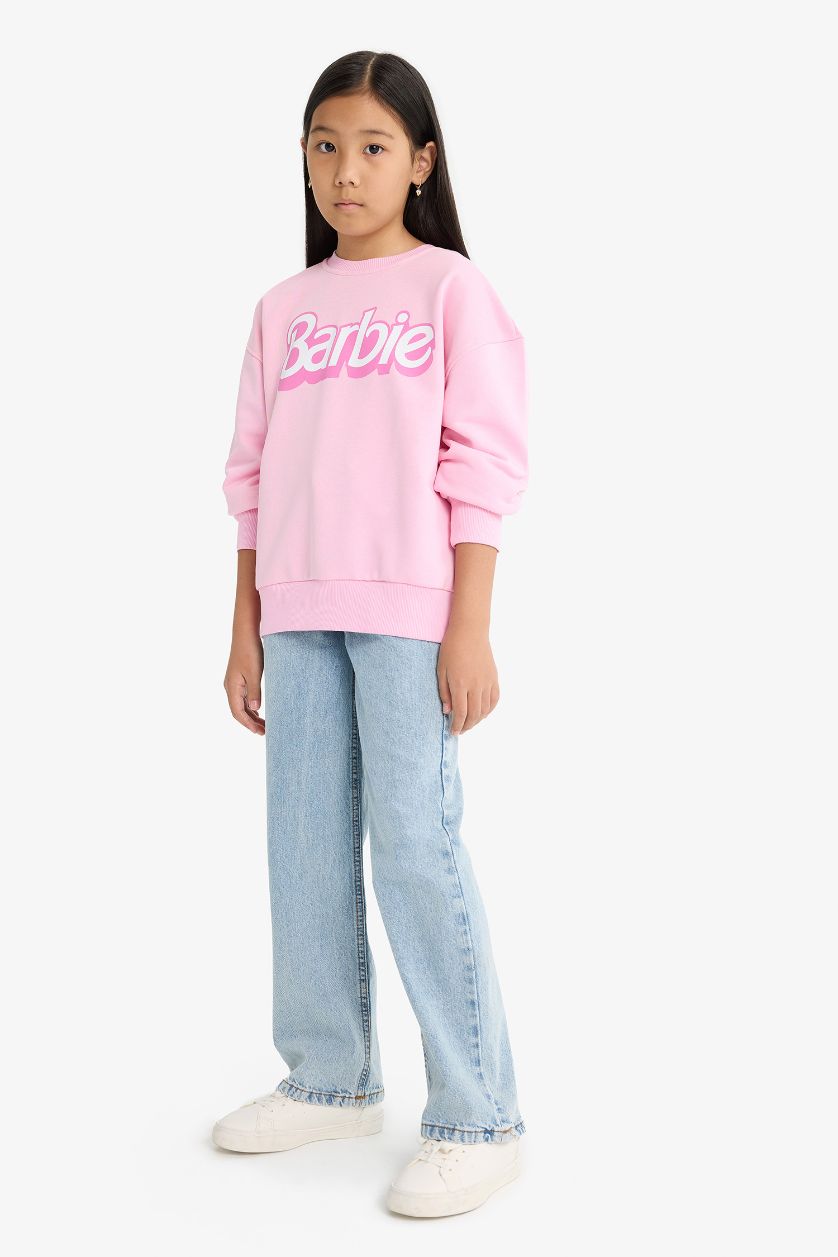 Kız Çocuk - Genç Kız Açık Pembe Barbie Oversıze Bisiklet Yaka Sweatshirt Kız Çocuk