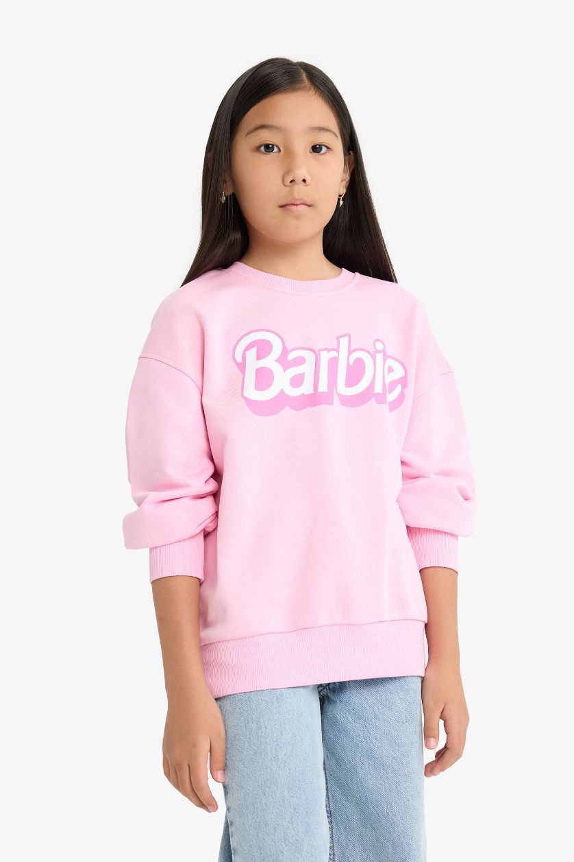 Kız Çocuk - Genç Kız Açık Pembe Barbie Oversıze Bisiklet Yaka Sweatshirt Kız Çocuk
