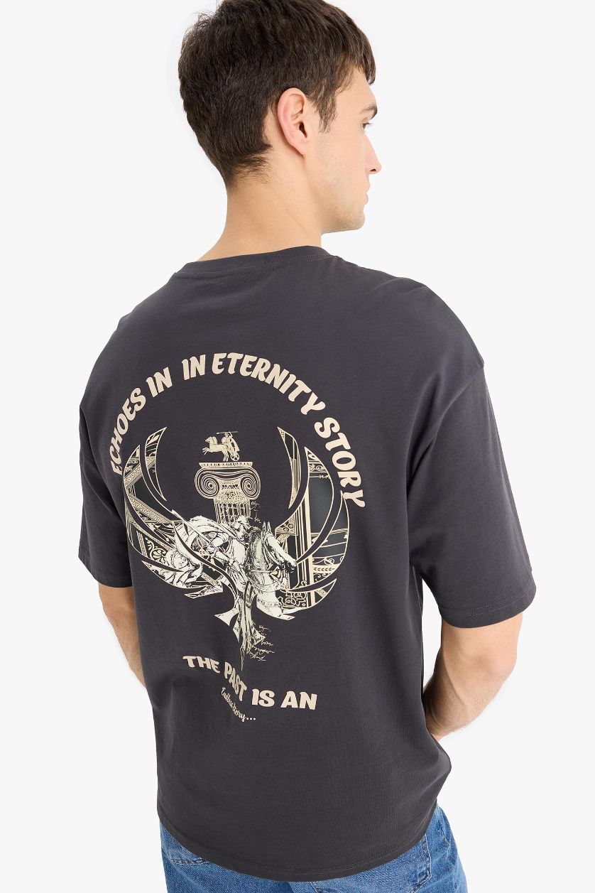 Erkek Koyu Antrasit %100 Pamuk Boxy Fit Baskılı Tişört