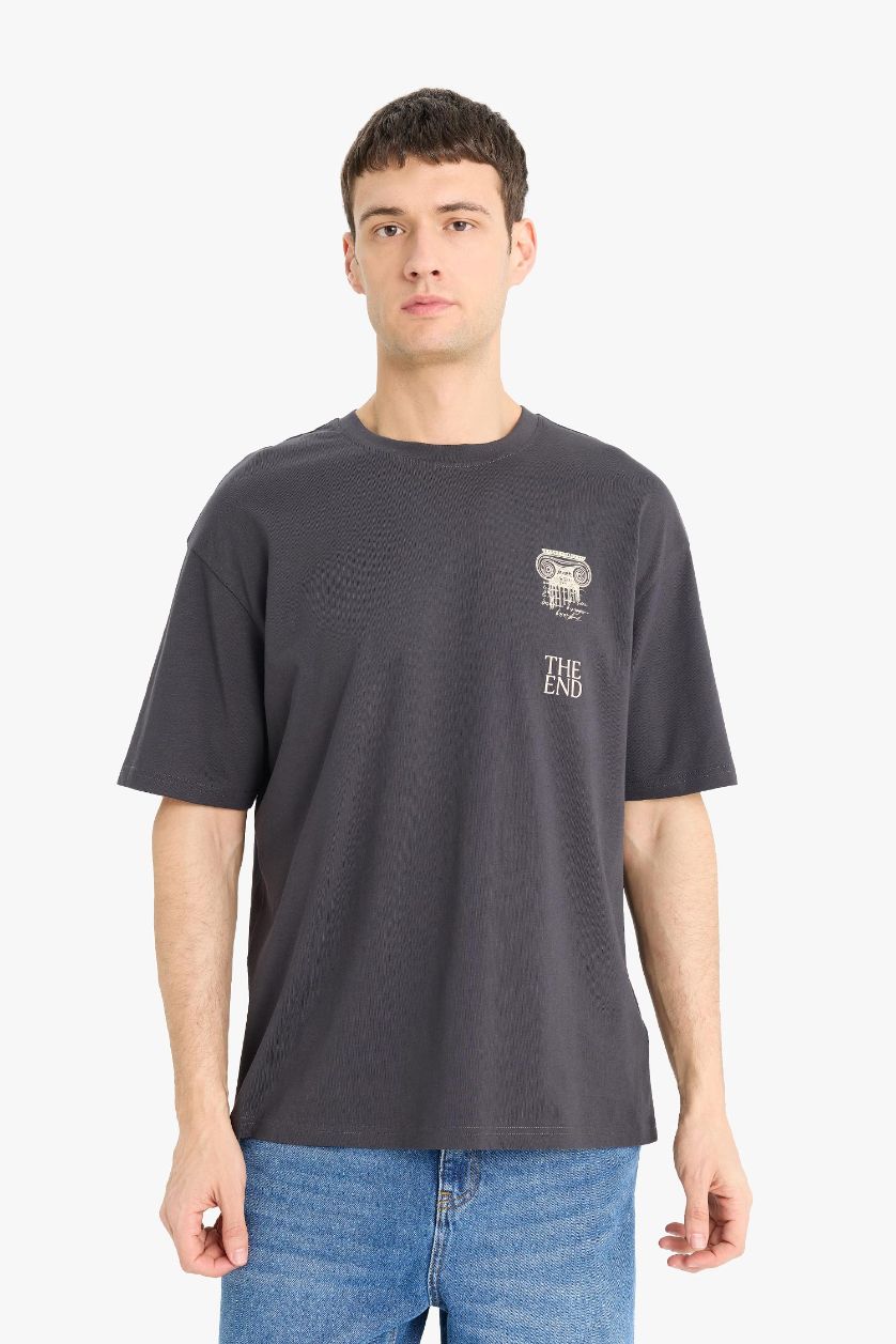 Erkek Koyu Antrasit %100 Pamuk Boxy Fit Baskılı Tişört