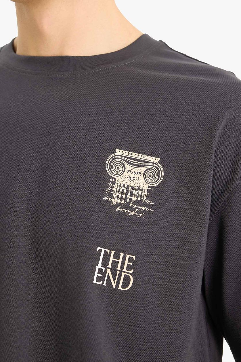 Erkek Koyu Antrasit %100 Pamuk Boxy Fit Baskılı Tişört