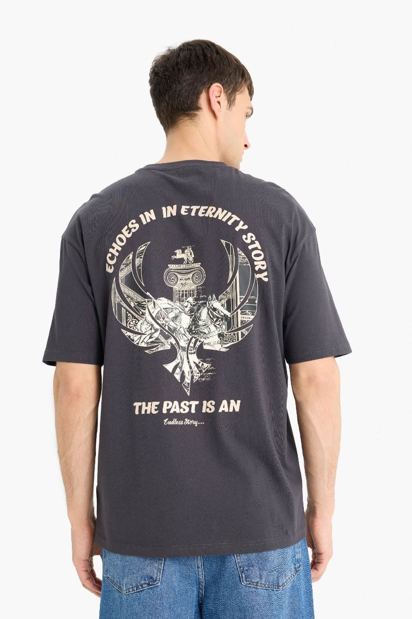 Erkek Koyu Antrasit %100 Pamuk Boxy Fit Baskılı Tişört