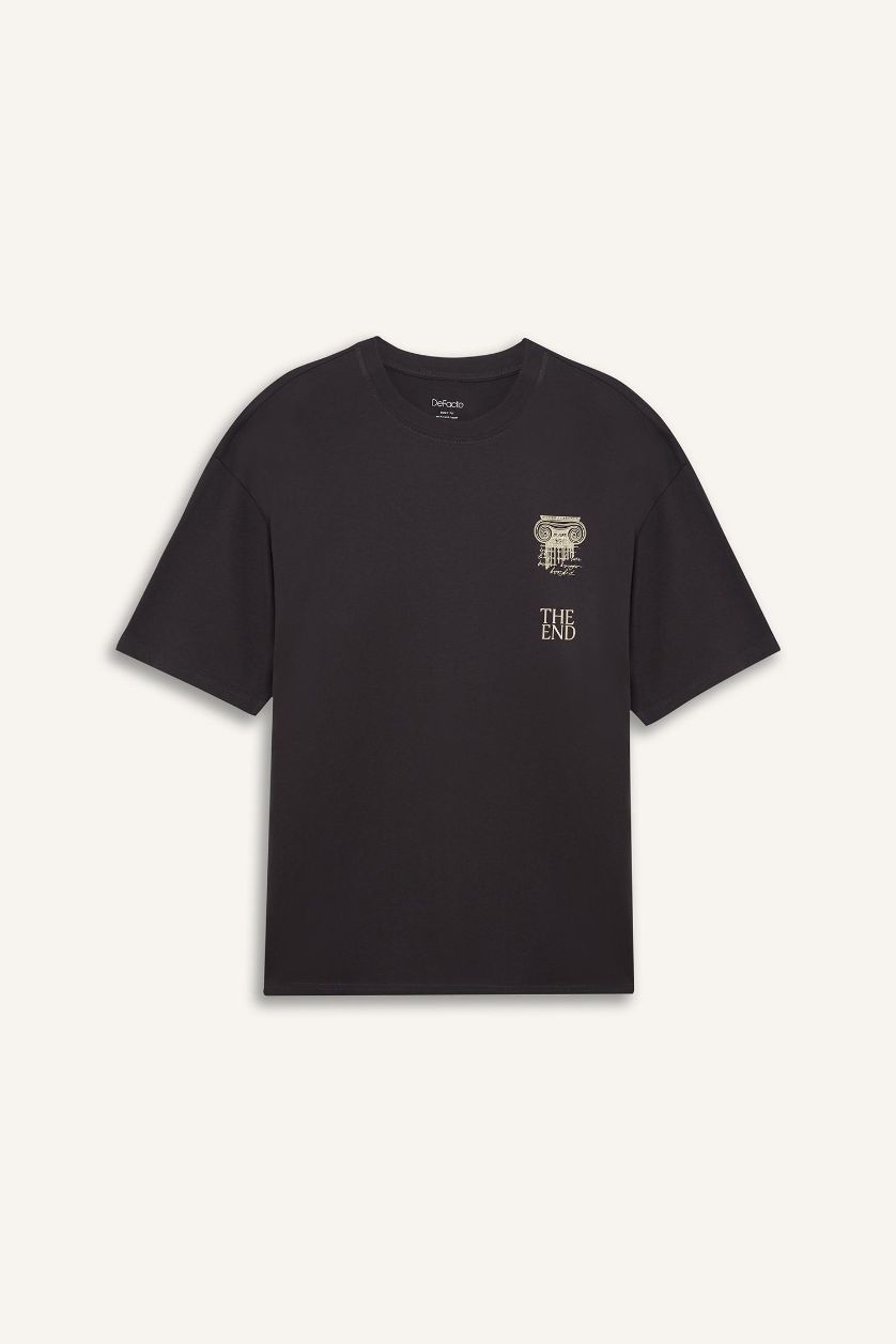 Erkek Koyu Antrasit %100 Pamuk Boxy Fit Baskılı Tişört