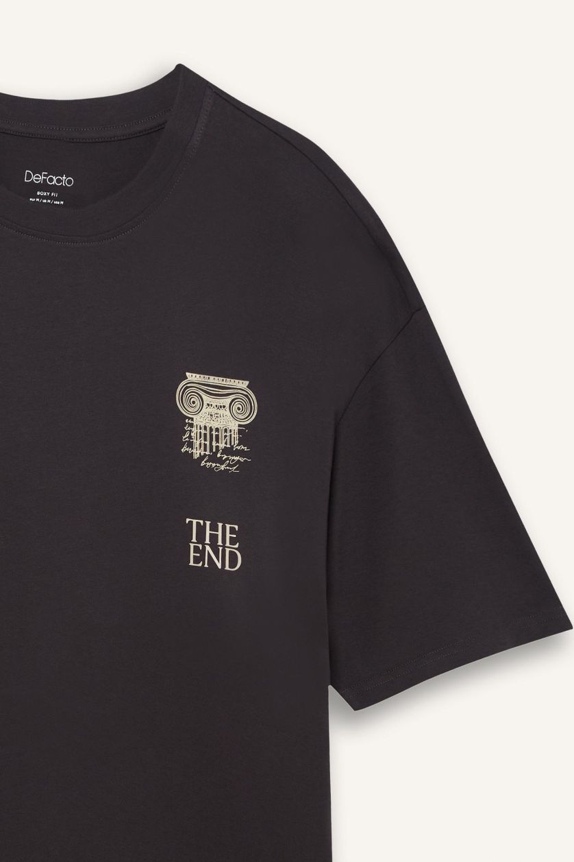 Erkek Koyu Antrasit %100 Pamuk Boxy Fit Baskılı Tişört