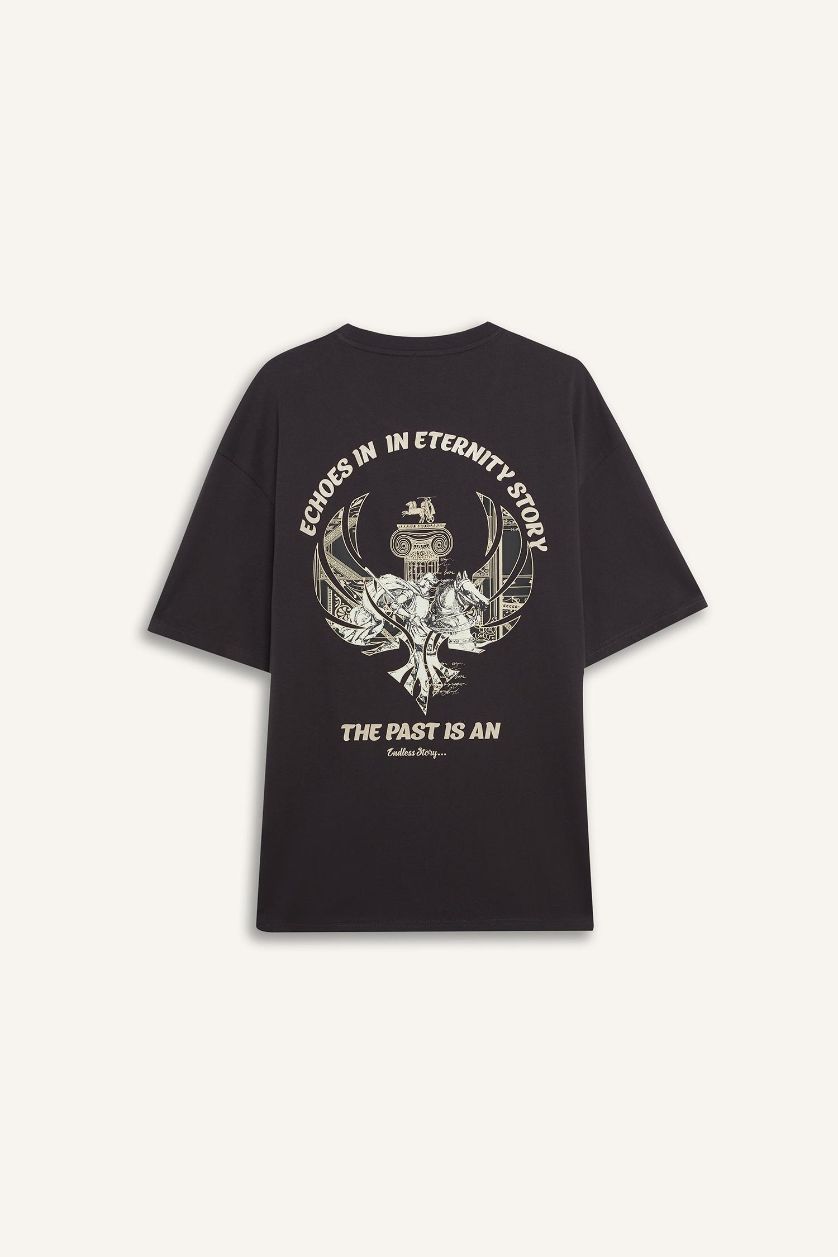 Erkek Koyu Antrasit %100 Pamuk Boxy Fit Baskılı Tişört