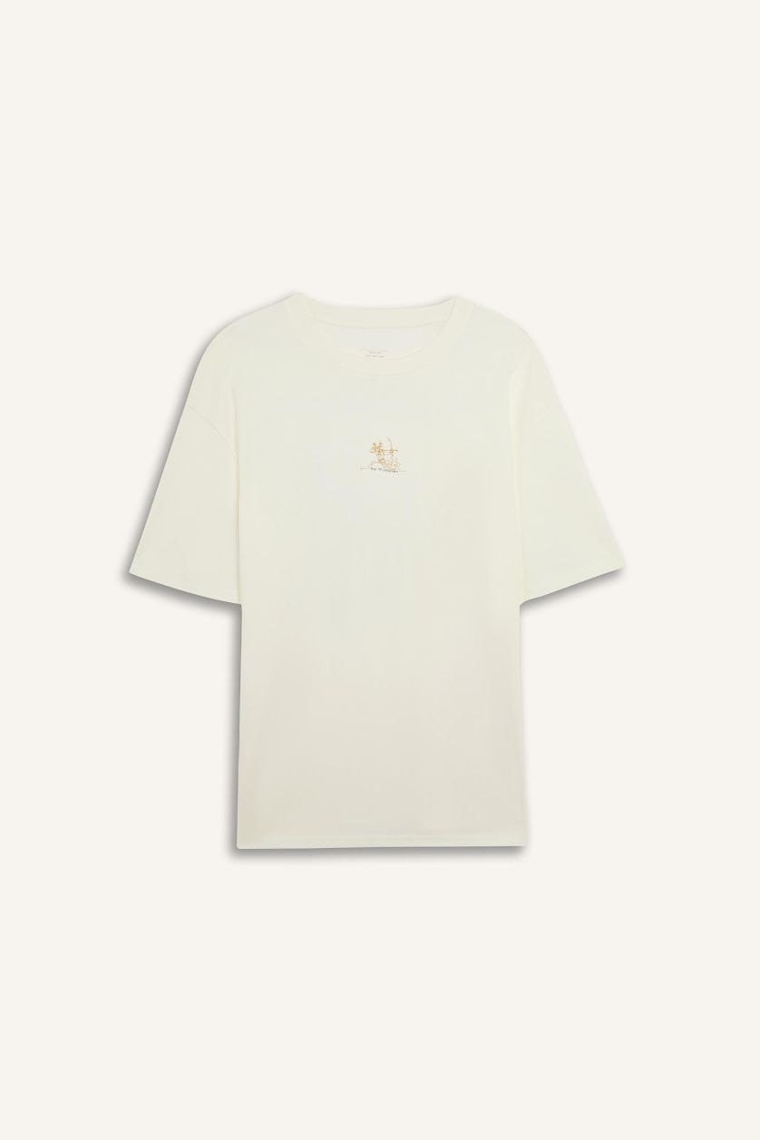 Erkek Ekru %100 Pamuk Boxy Fit Baskılı Tişört