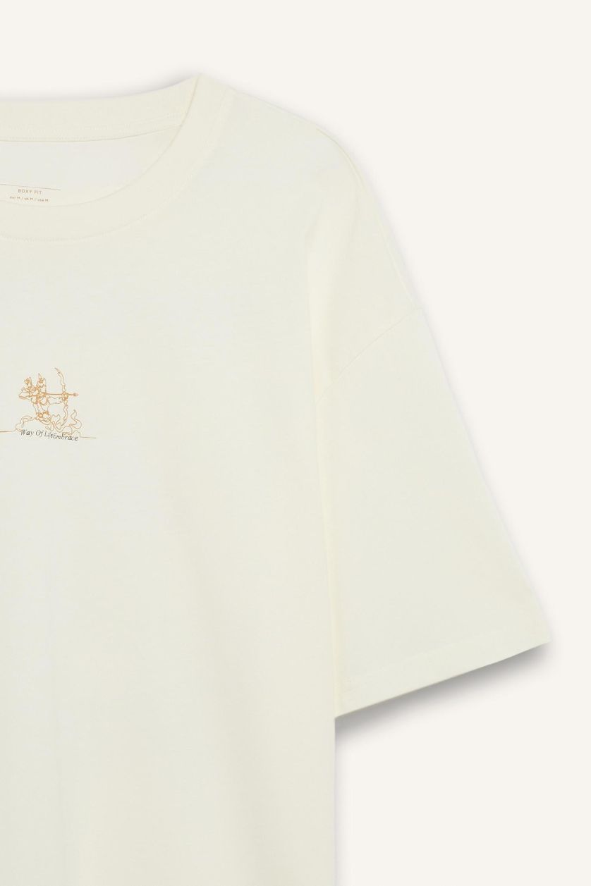 Erkek Ekru %100 Pamuk Boxy Fit Baskılı Tişört