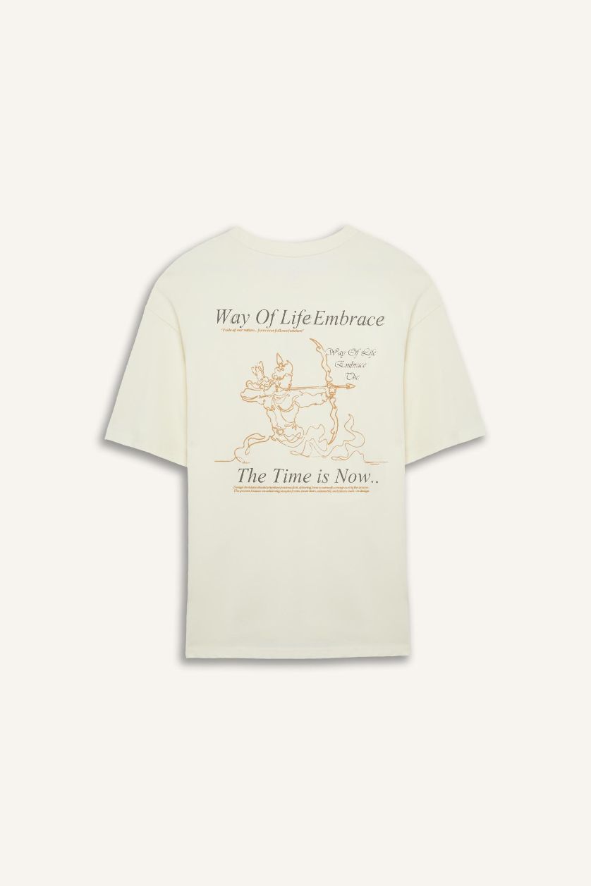 Erkek Ekru %100 Pamuk Boxy Fit Baskılı Tişört