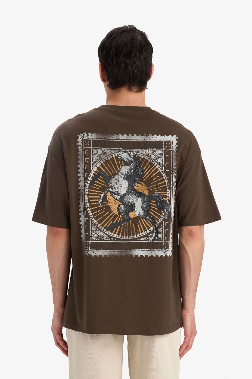 MAN Brown Cotton Boxy Fit Printed Back T-Shirt