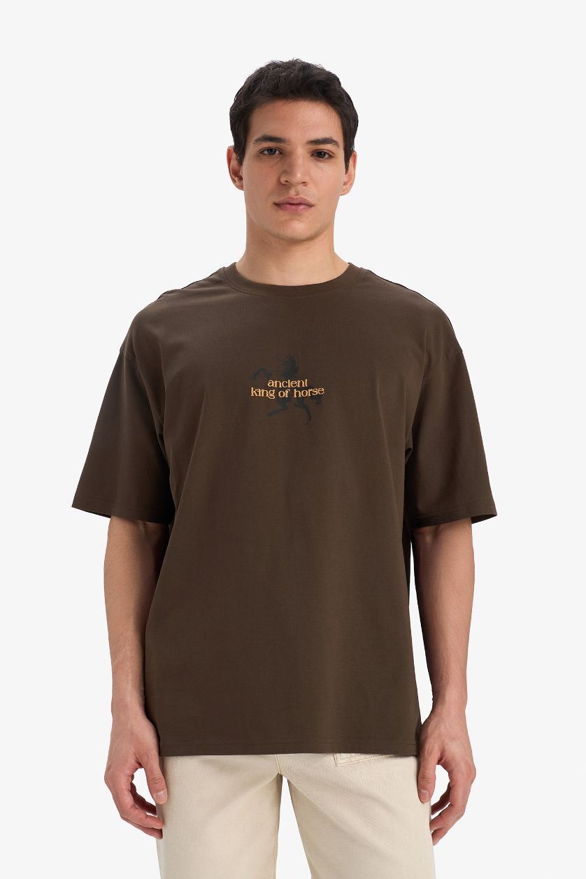 MAN Brown Cotton Boxy Fit Printed Back T-Shirt