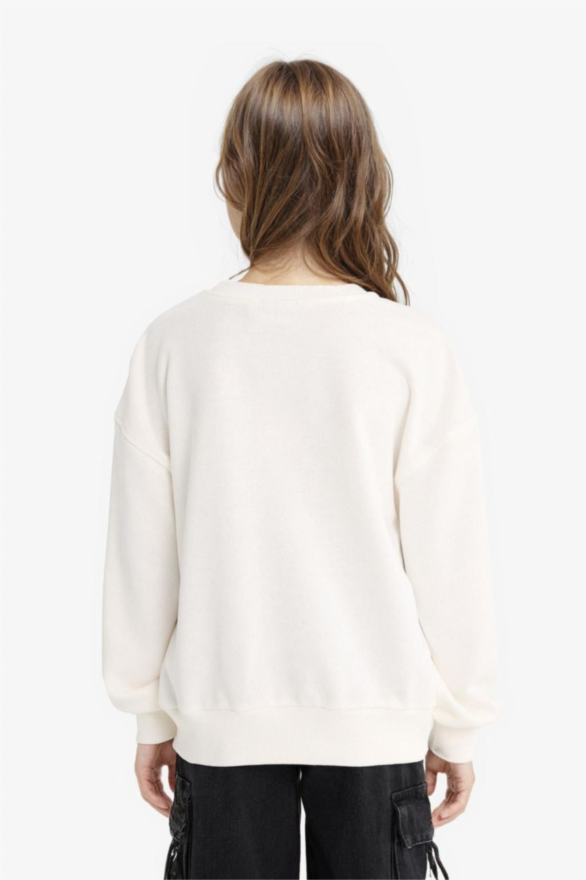 بنات بيج فاتح سويت شيرت اوفر سايز بياقة مستديرة من باور باف جيرلز