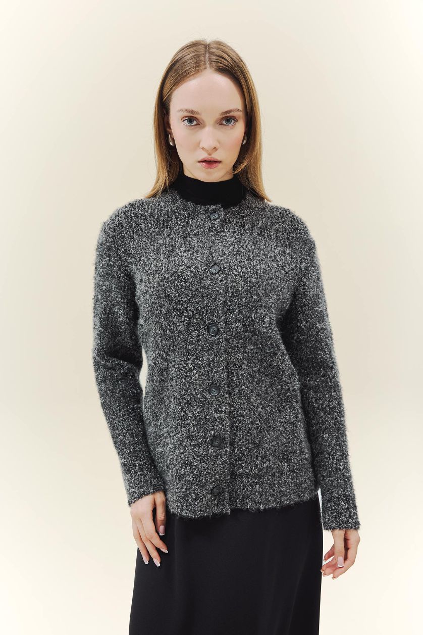 Woman Dark Anthracite Regular Fit Crew Neck Knitwear Cardigan