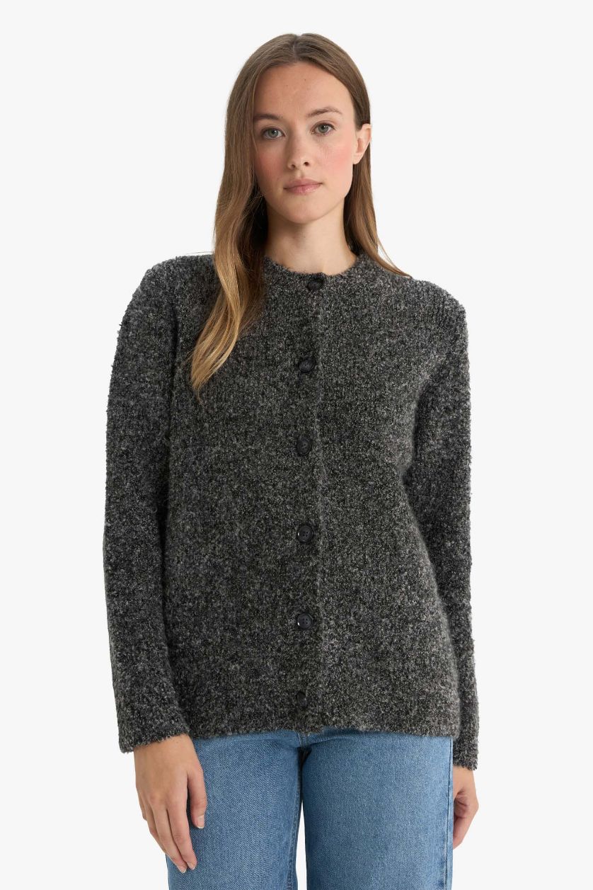 Woman Dark Anthracite Regular Fit Crew Neck Knitwear Cardigan