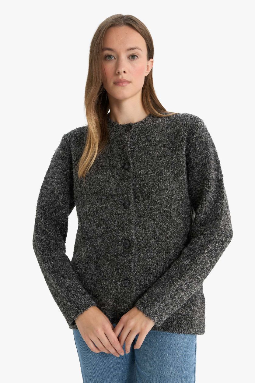 Woman Dark Anthracite Regular Fit Crew Neck Knitwear Cardigan