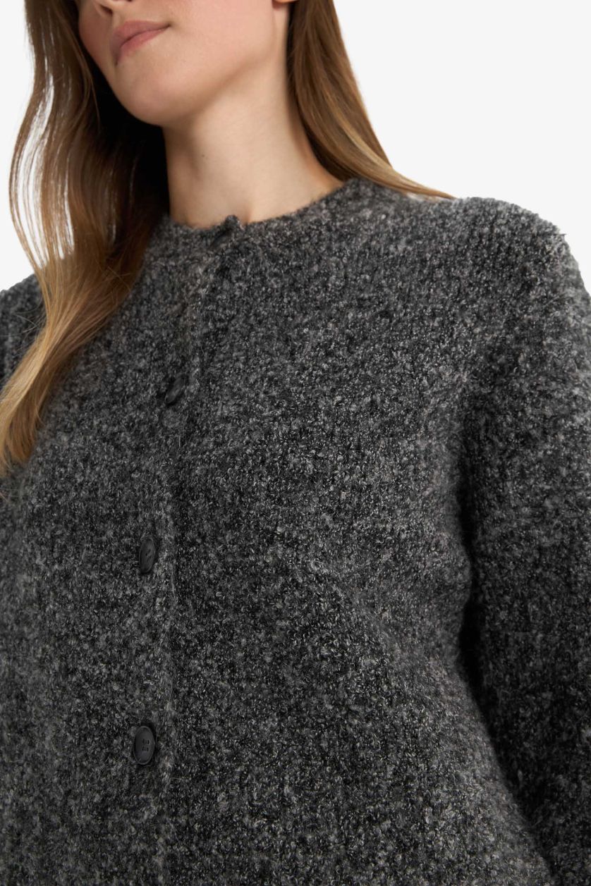 Woman Dark Anthracite Regular Fit Crew Neck Knitwear Cardigan