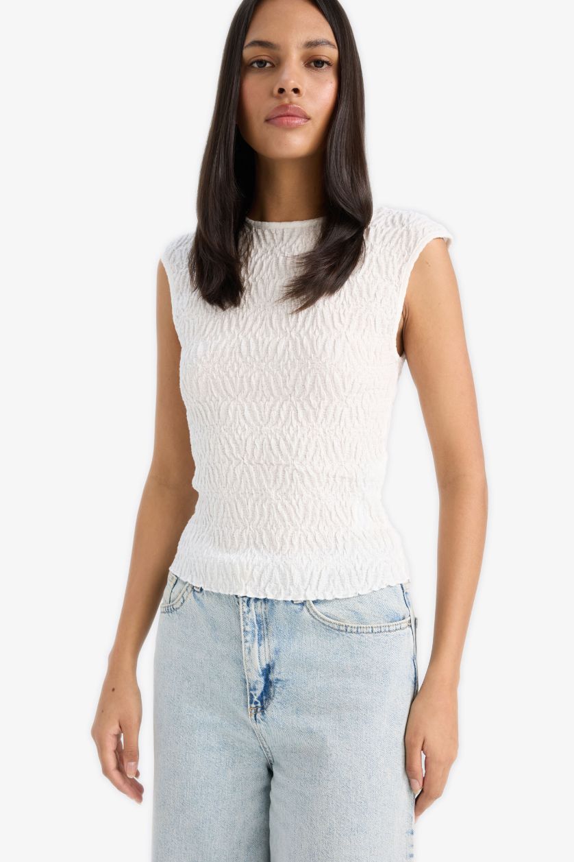 WOMAN White Regular Fit Crew Neck Crepe Sleeveless Blouse
