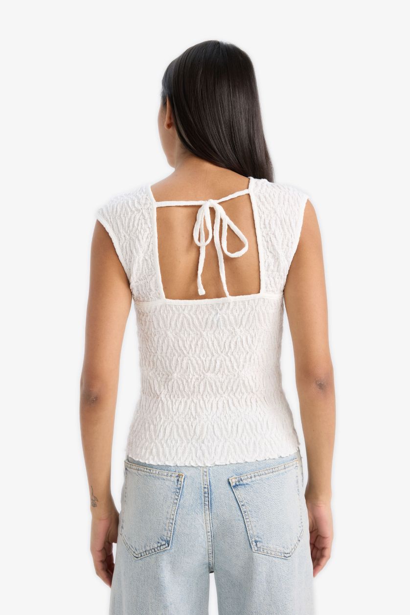 WOMAN White Regular Fit Crew Neck Crepe Sleeveless Blouse