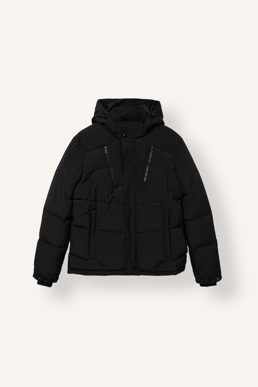 Man Black Slim Fit Waterproof Hooded Zip-Up Jacket