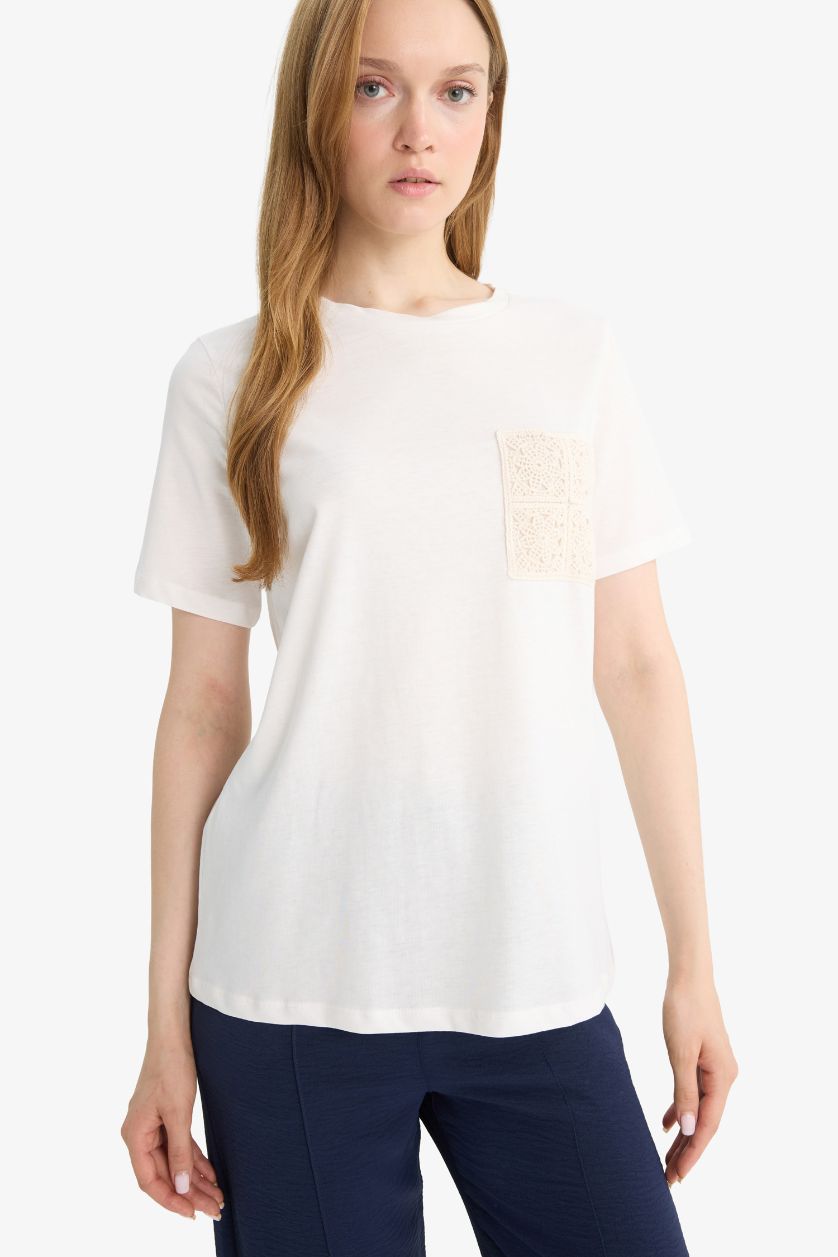 WOMAN Ecru Regular Fit Crew Neck Cotton Short Sleeve T-Shirt