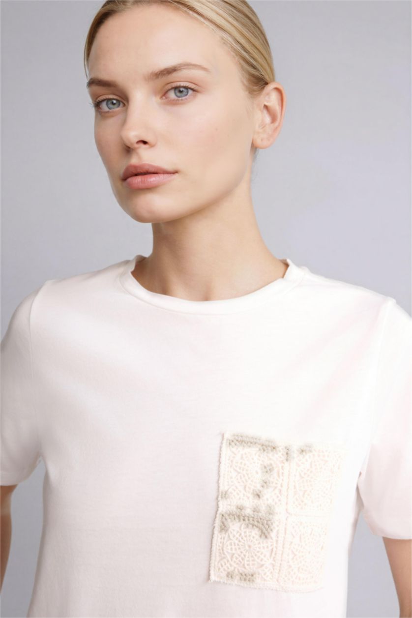 Kadın Ekru Regular Fit Penye Tişört