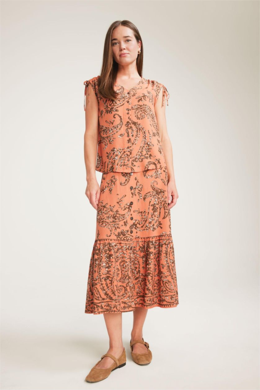 FEMME Orange Jupe mi-longue imprimée à taille élastique Coupe régulière