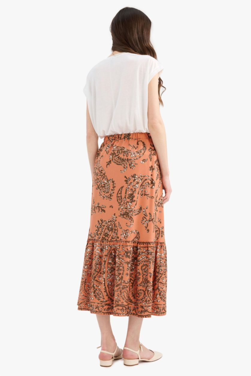 FEMME Orange Jupe mi-longue imprimée à taille élastique Coupe régulière