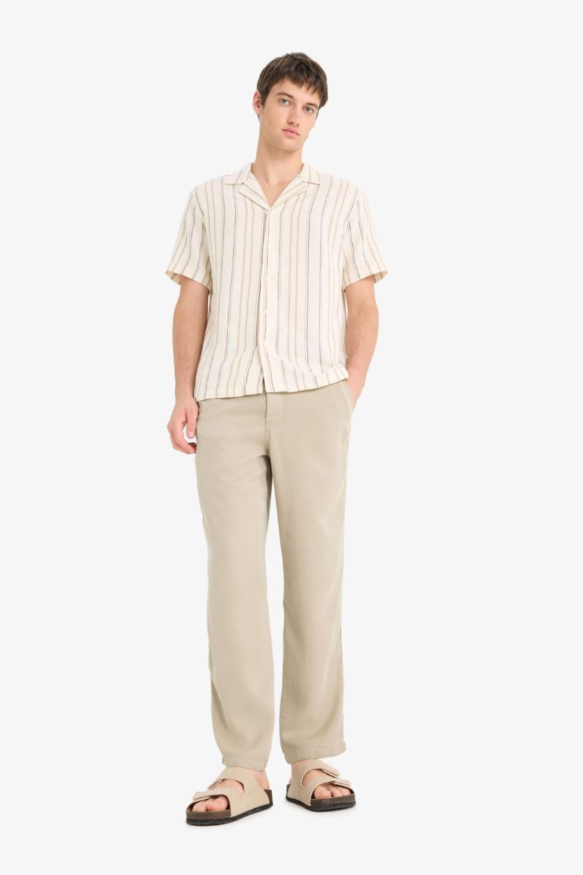 Erkek Açık Haki Bol Rahat Kesim Wide Leg Üç Cepli Geniş Paça Yazlık Tencel Pantolon