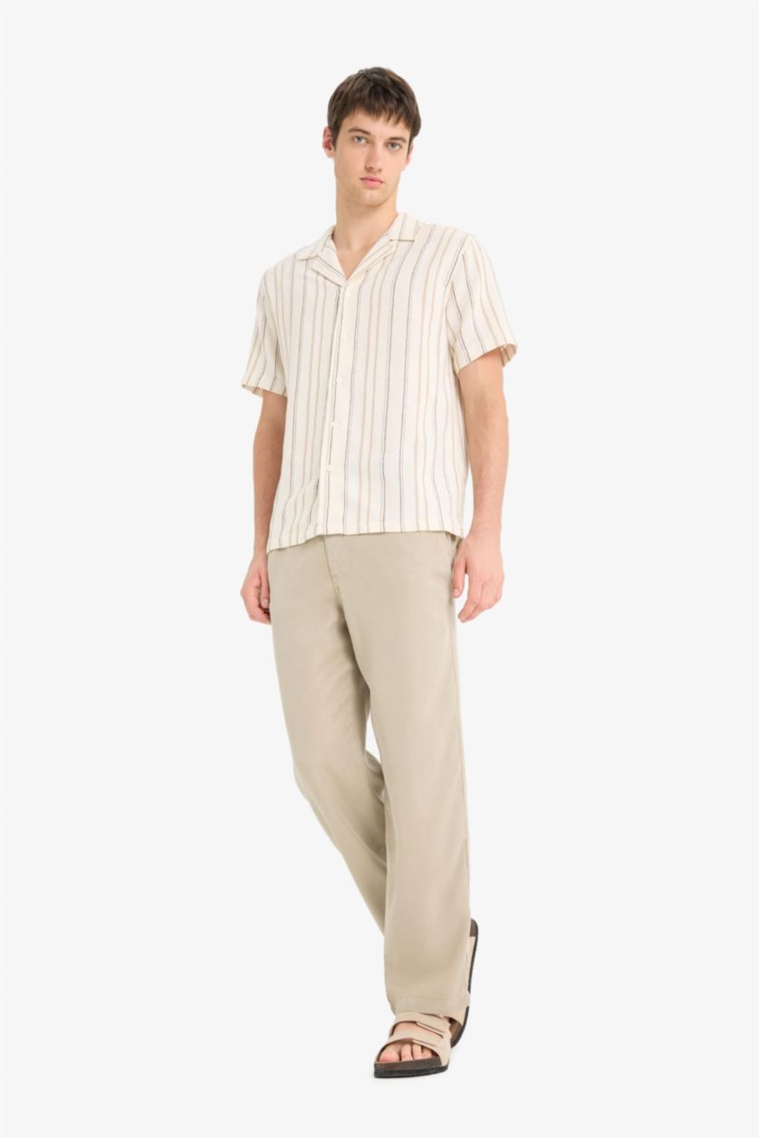 Erkek Açık Haki Bol Rahat Kesim Wide Leg Üç Cepli Geniş Paça Yazlık Tencel Pantolon