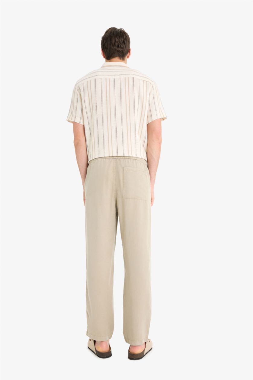 Erkek Açık Haki Bol Rahat Kesim Wide Leg Üç Cepli Geniş Paça Yazlık Tencel Pantolon