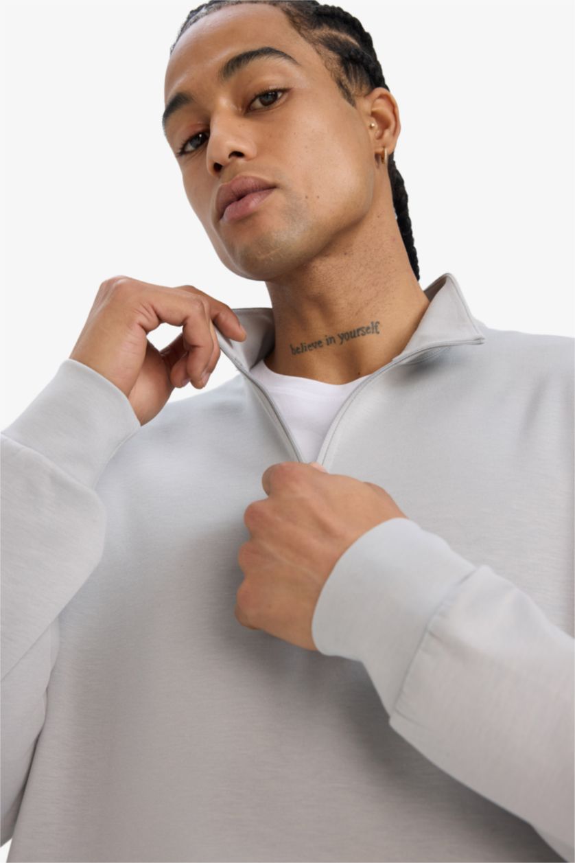 رجال رمادي فاتح سويت شيرت رياضي قصة عادية بياخة عالية بسحاب من DeFactoFit