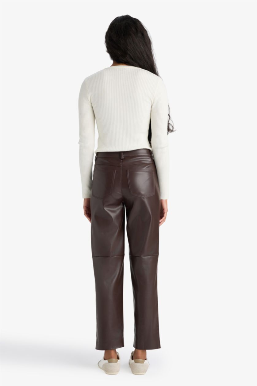 Женщины Коричневый Прямые брюки с двумя карманами и высокой посадкой средней длины