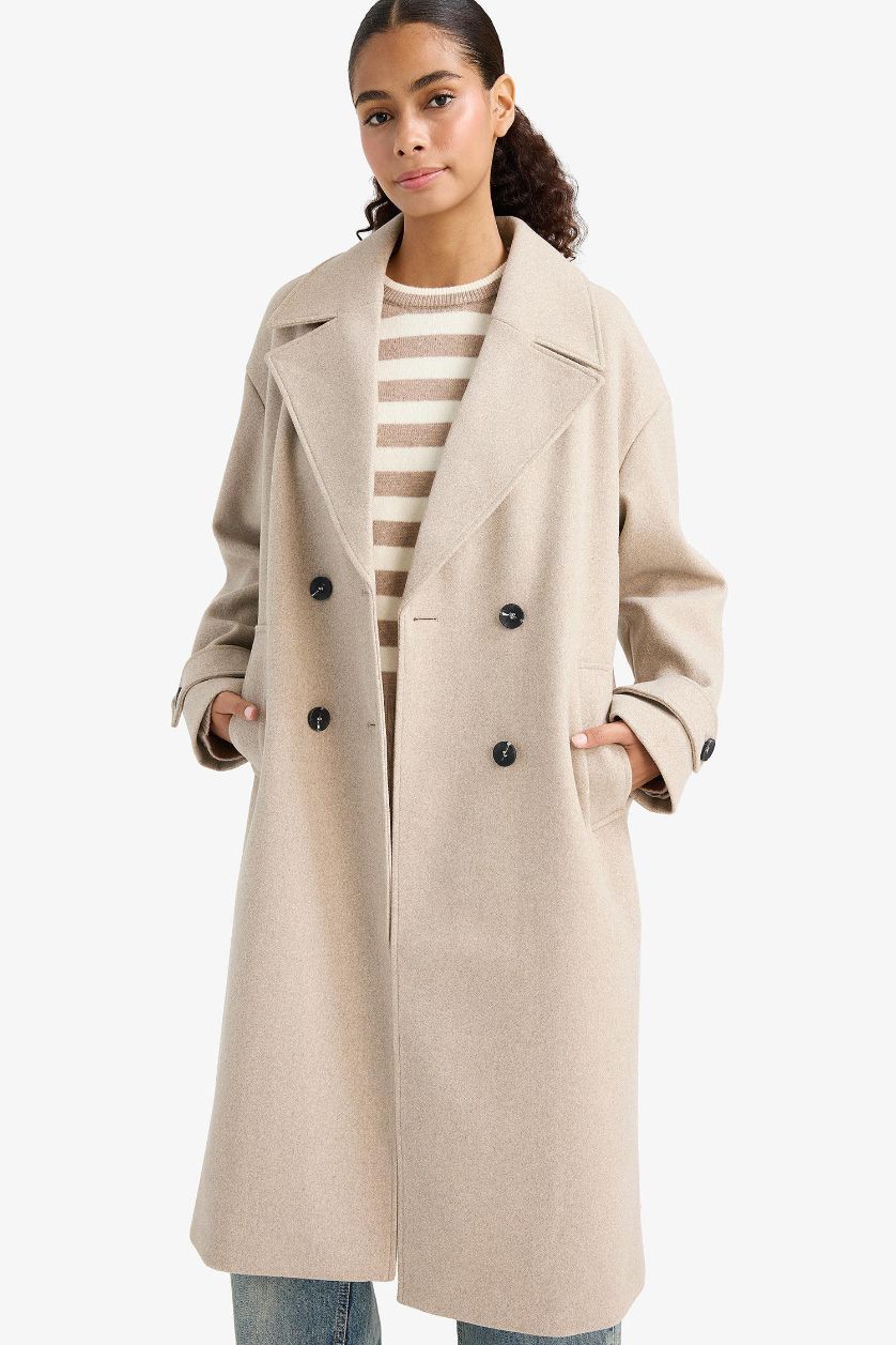 WOMAN Beige Regular Fit Long Cachet Jacket