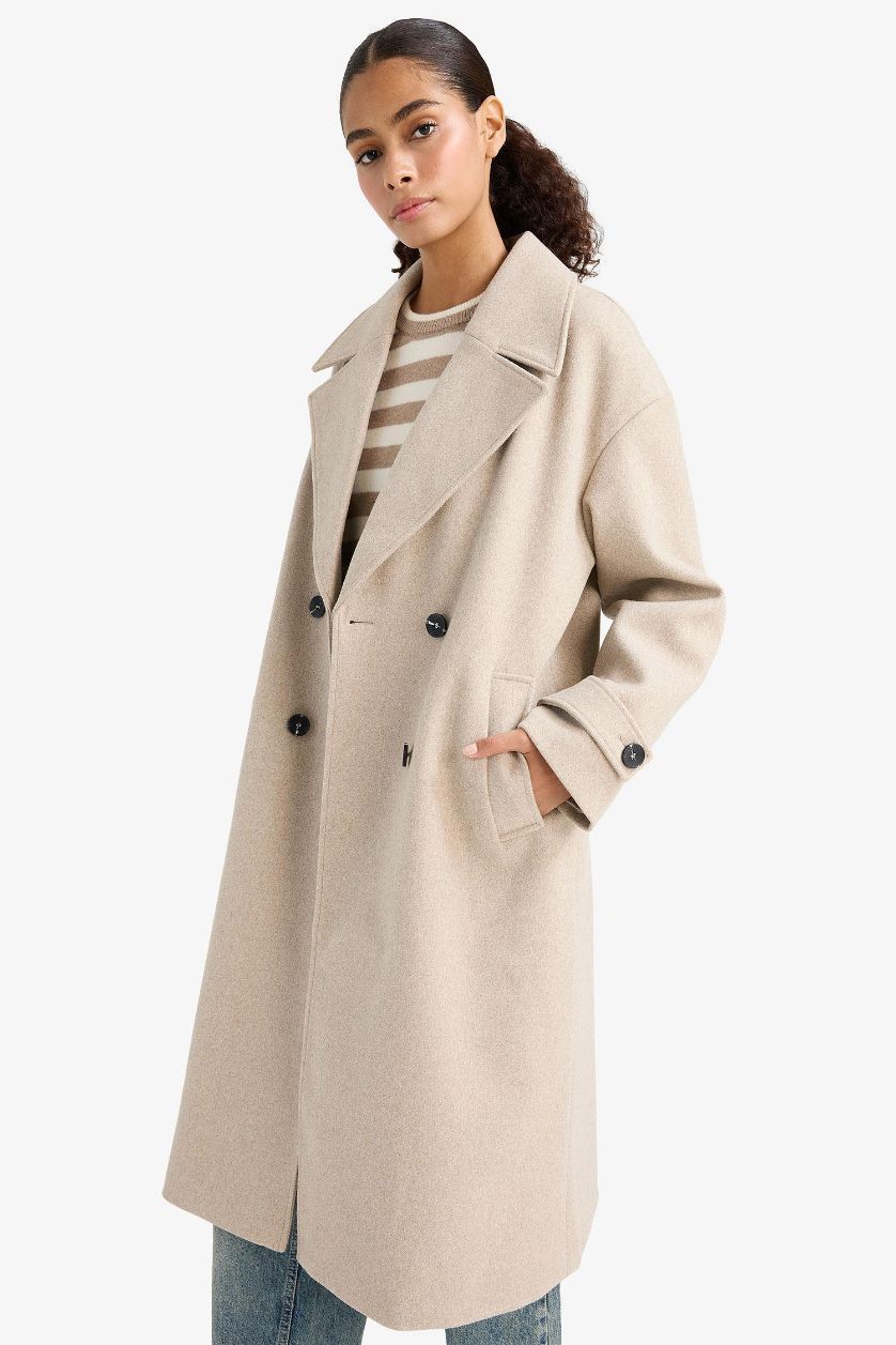 WOMAN Beige Regular Fit Long Cachet Jacket