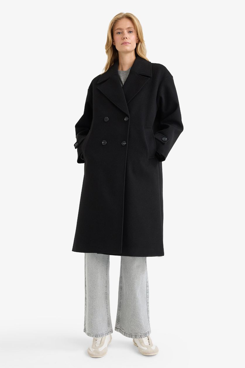 Kadın Siyah Regular Fit Düğmeli Uzun Kaşe Kaban