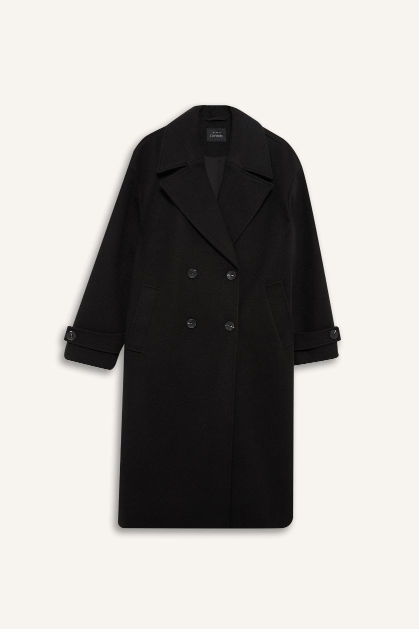 Kadın Siyah Regular Fit Düğmeli Uzun Kaşe Kaban