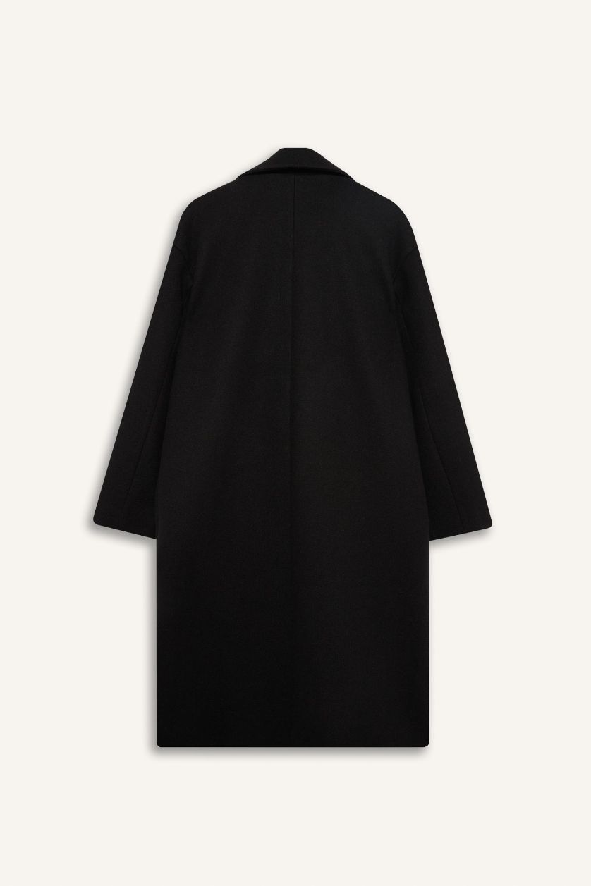 Kadın Siyah Regular Fit Düğmeli Uzun Kaşe Kaban