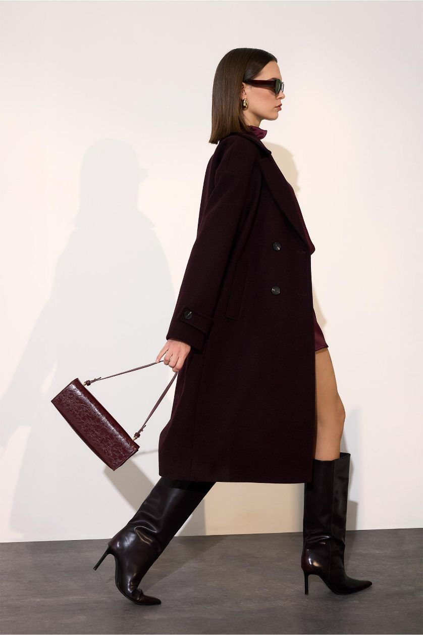 Kadın Bordo Regular Fit Kaşe Kaban