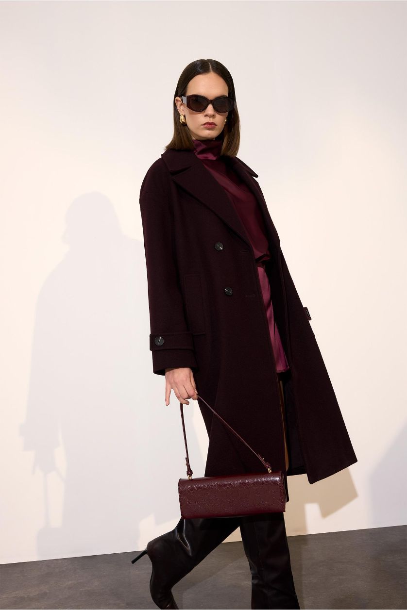 Kadın Bordo Regular Fit Kaşe Kaban