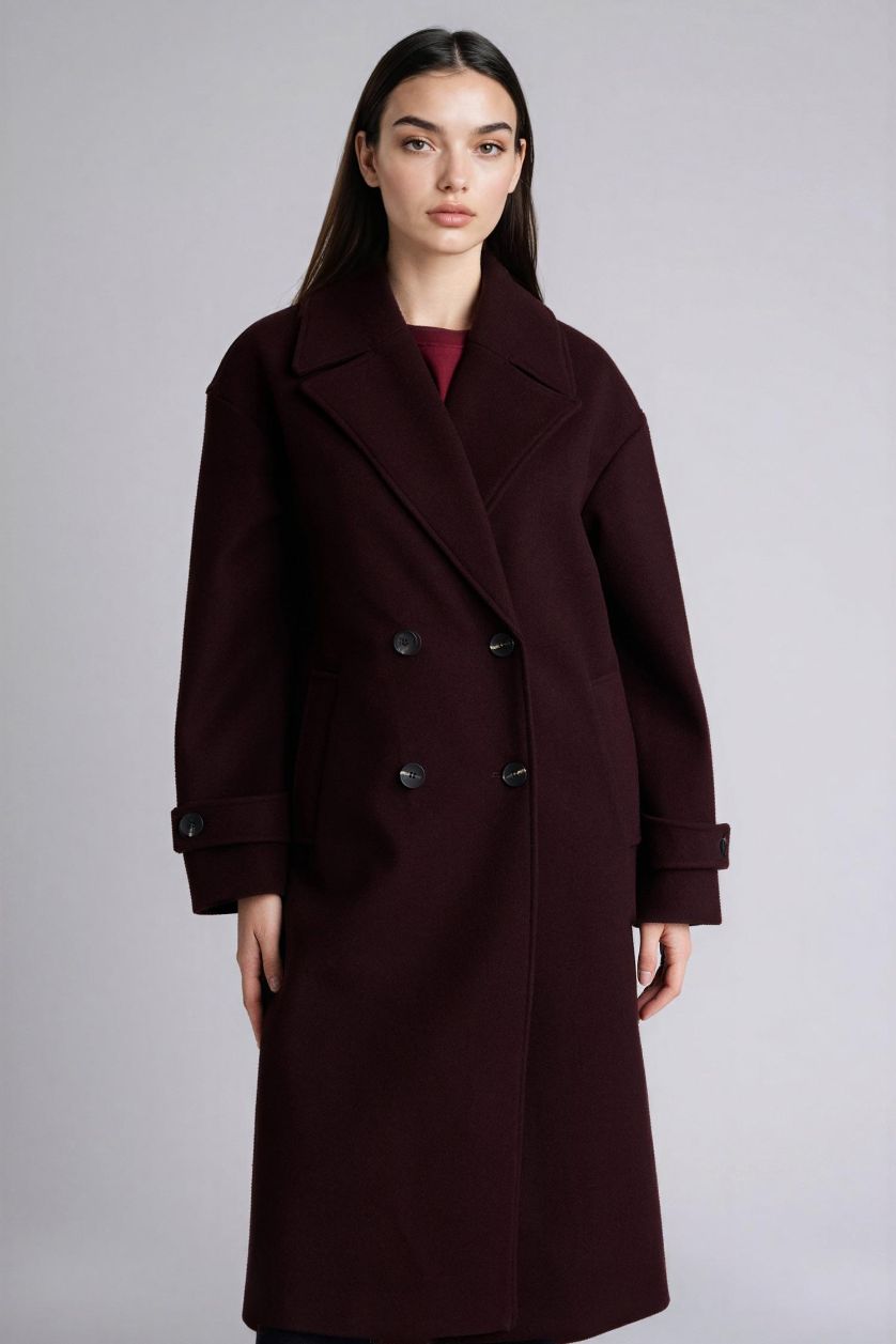 Kadın Bordo Regular Fit Kaşe Kaban