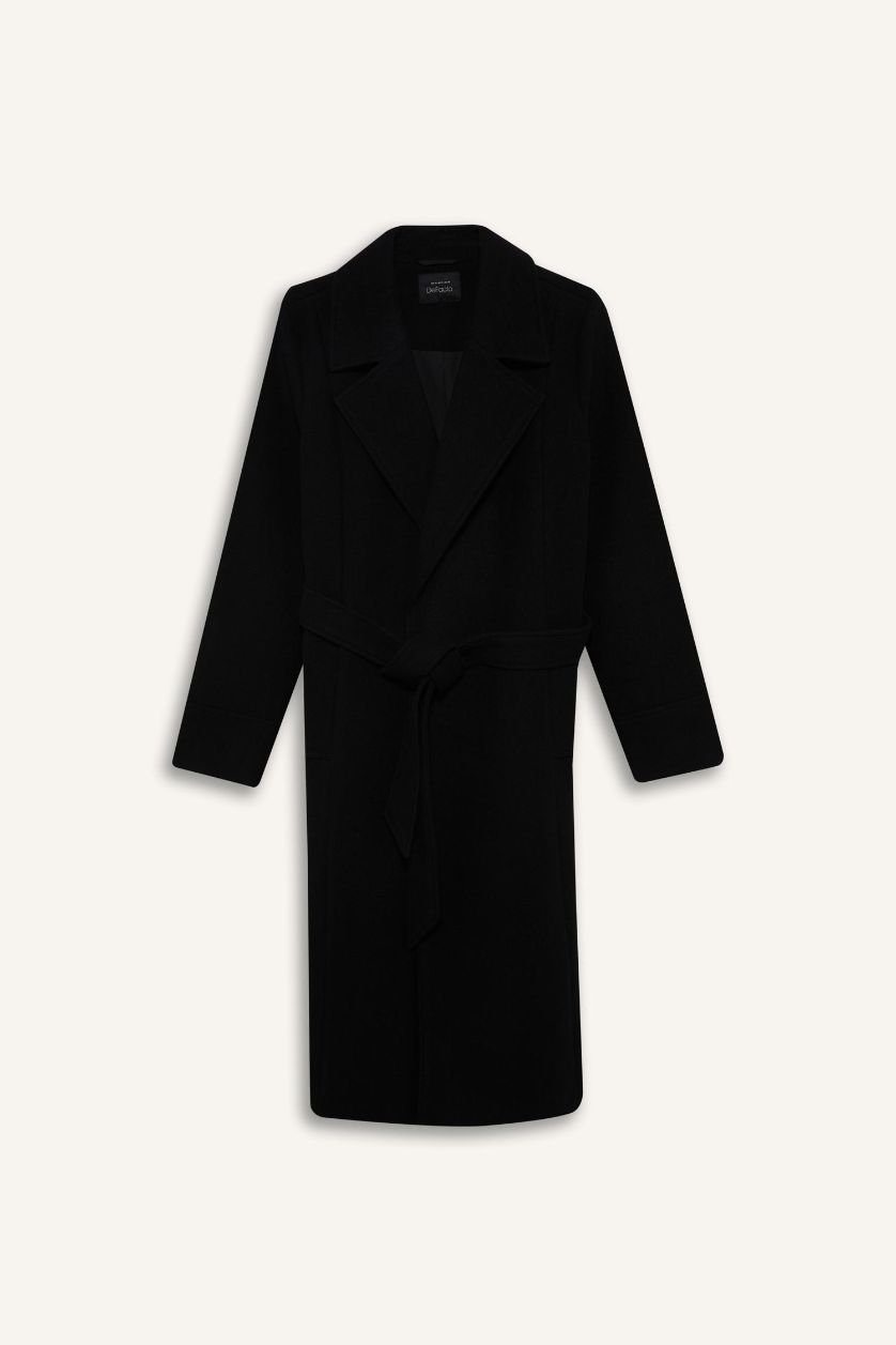 Woman Black Regular Fit Polo Collar Belt Cachet Jacket