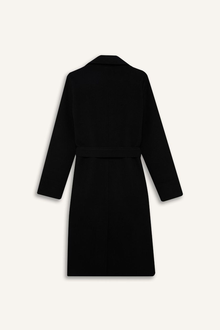 Woman Black Regular Fit Polo Collar Belt Cachet Jacket