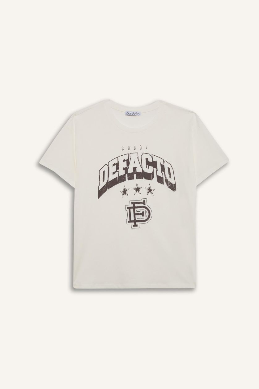 Kadın Kırık Beyaz Regular Fıt Bisiklet Yaka Baskılı Kısa Kollu Tişört