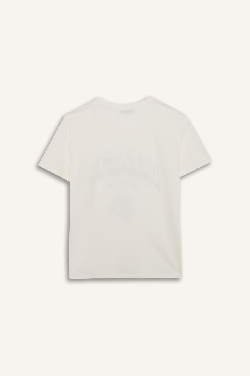 Kadın Kırık Beyaz Regular Fıt Bisiklet Yaka Baskılı Kısa Kollu Tişört