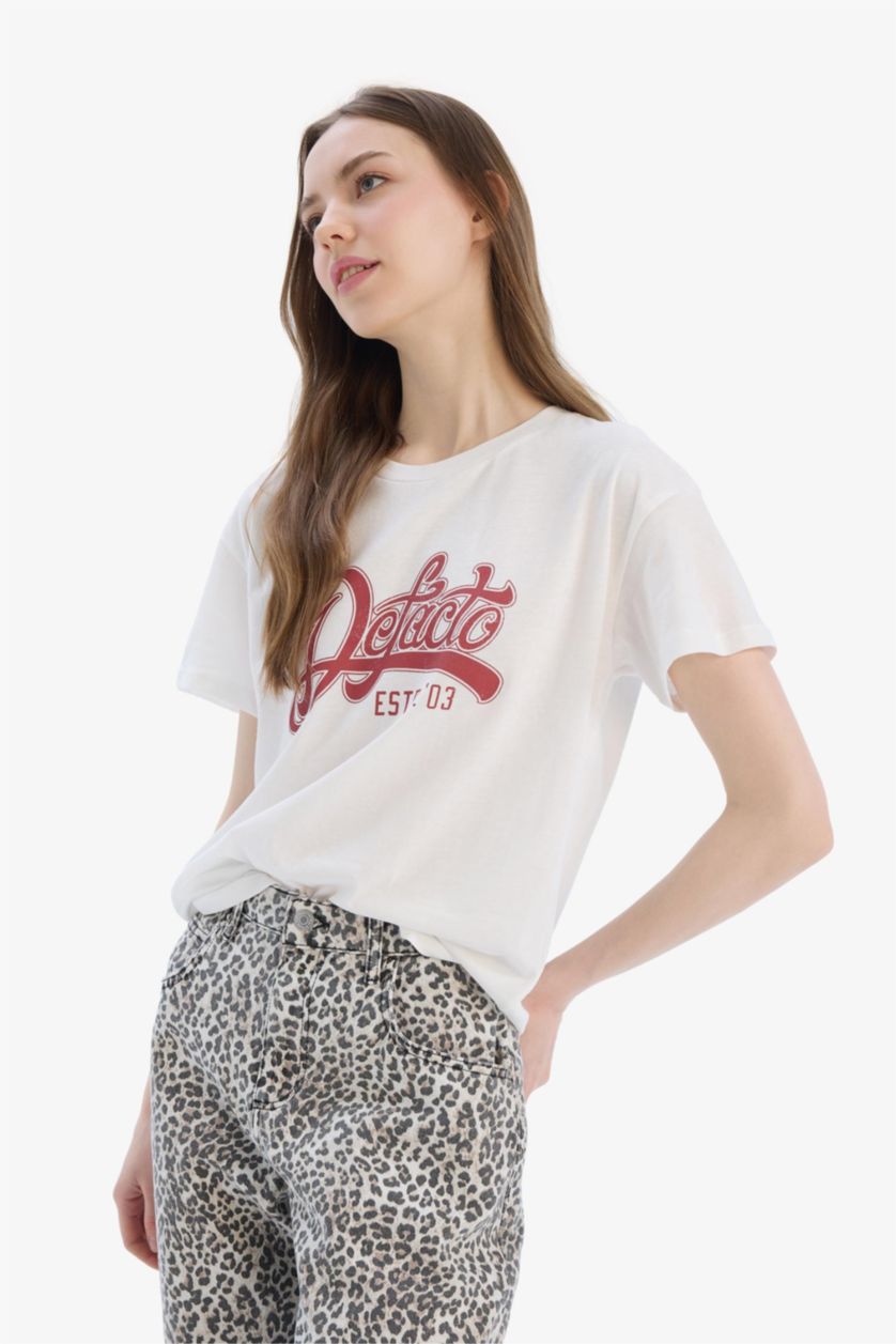 نساء اوف وايت تيشيرت نص ردن مطبوع بياخة مستديرة وقصة عادية