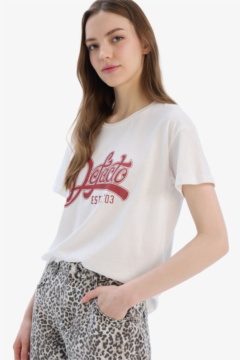 نساء اوف وايت تيشيرت نص ردن مطبوع بياخة مستديرة وقصة عادية