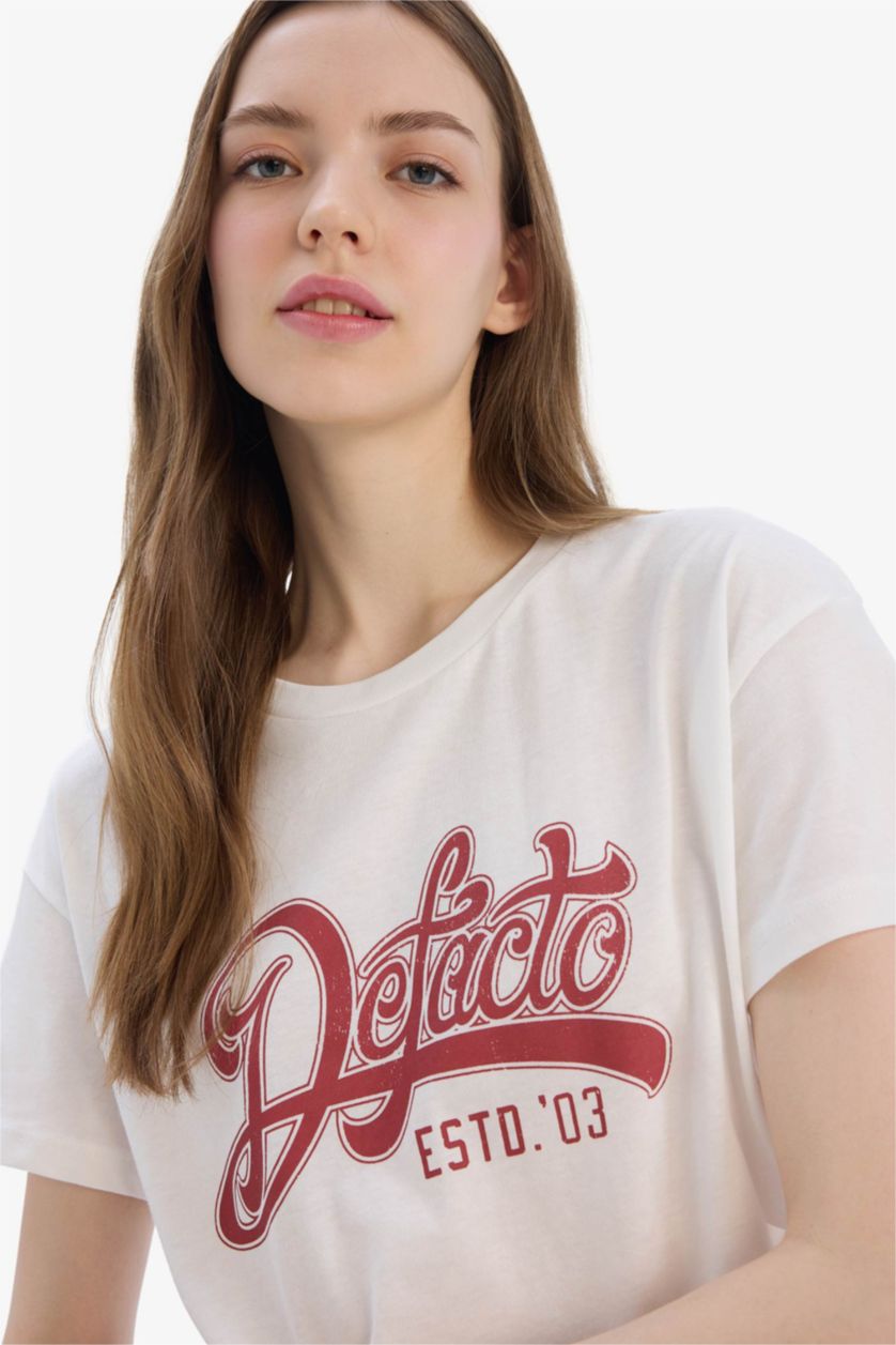 نساء اوف وايت تيشيرت نص ردن مطبوع بياخة مستديرة وقصة عادية