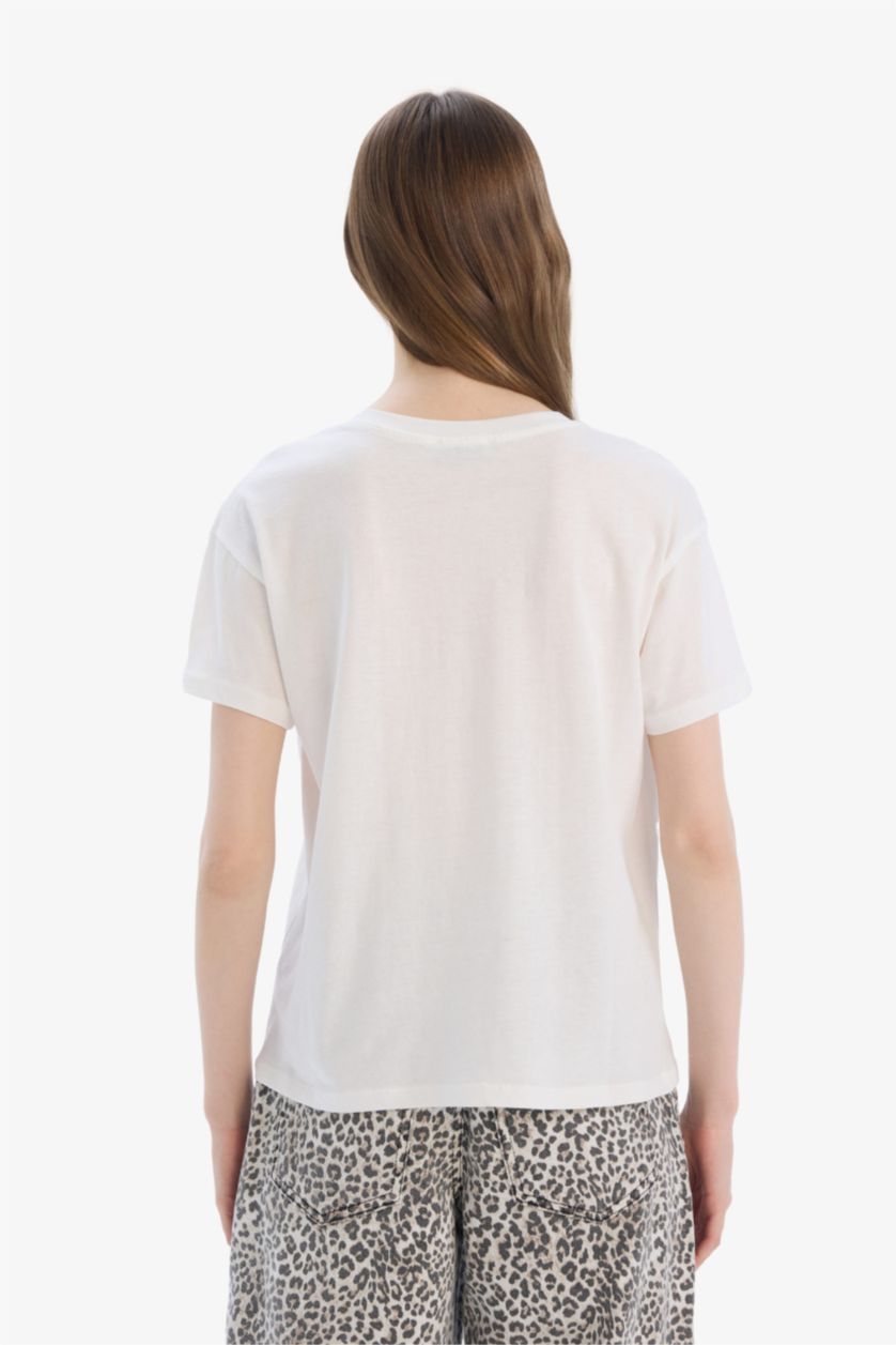 نساء اوف وايت تيشيرت نص ردن مطبوع بياخة مستديرة وقصة عادية