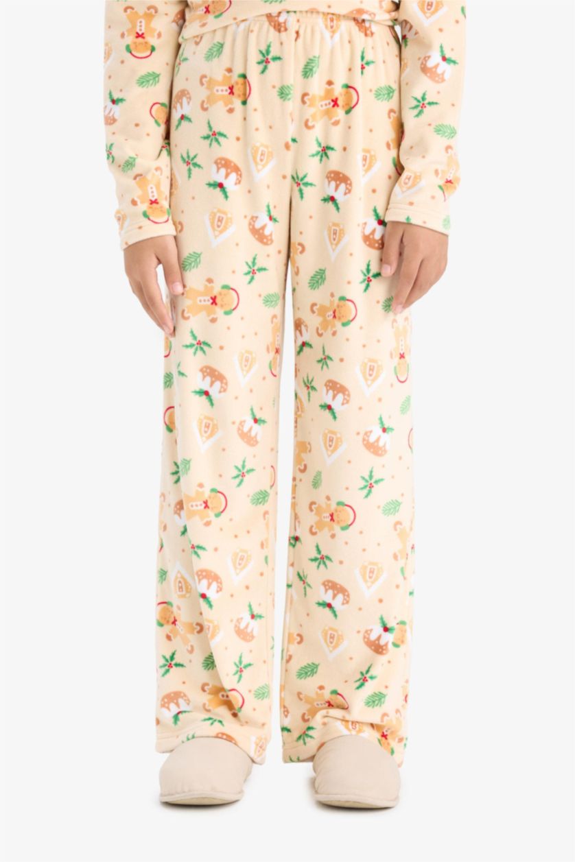 Kız Çocuk - Genç Kız Açık Bej Yılbaşı Temalı Pijama Takımı Kadife Uzun Kollu Üst Uzun Alt Kız Çocuk