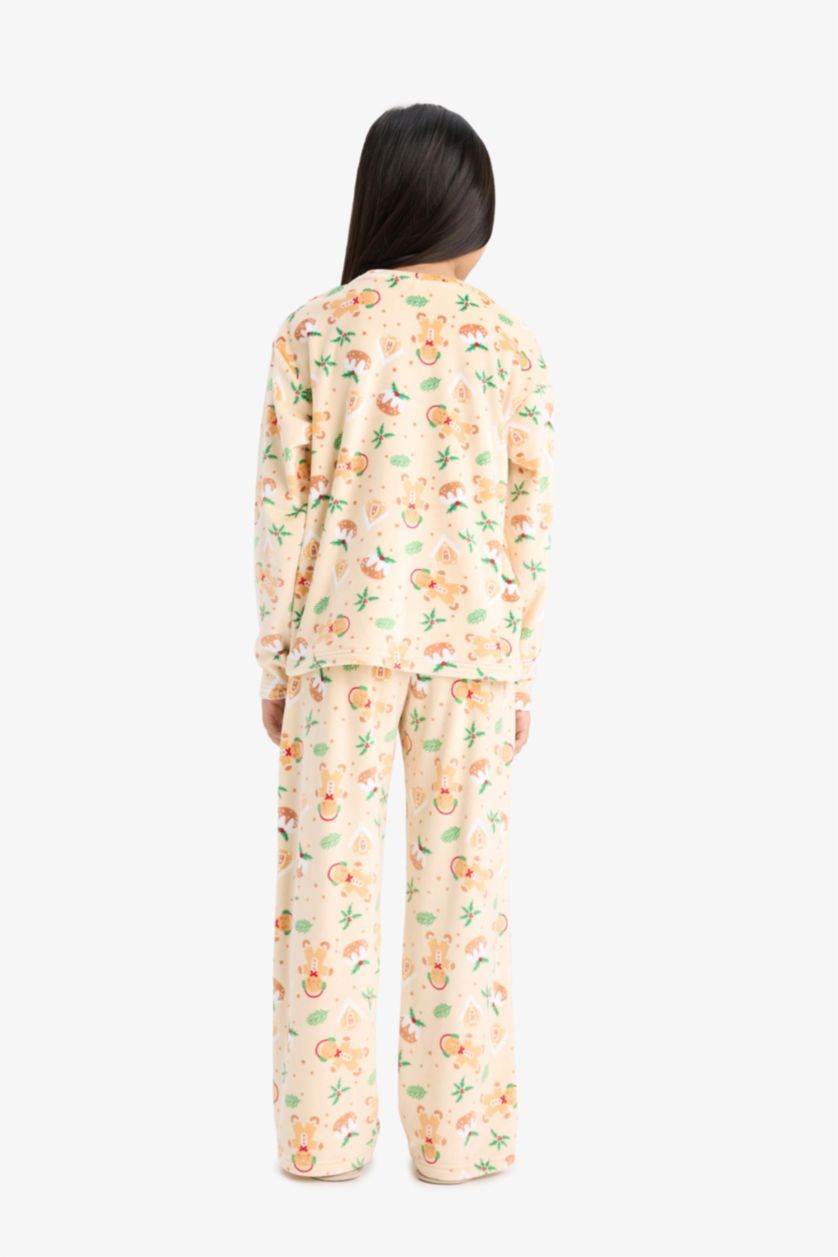 Kız Çocuk - Genç Kız Açık Bej Yılbaşı Temalı Pijama Takımı Kadife Uzun Kollu Üst Uzun Alt Kız Çocuk