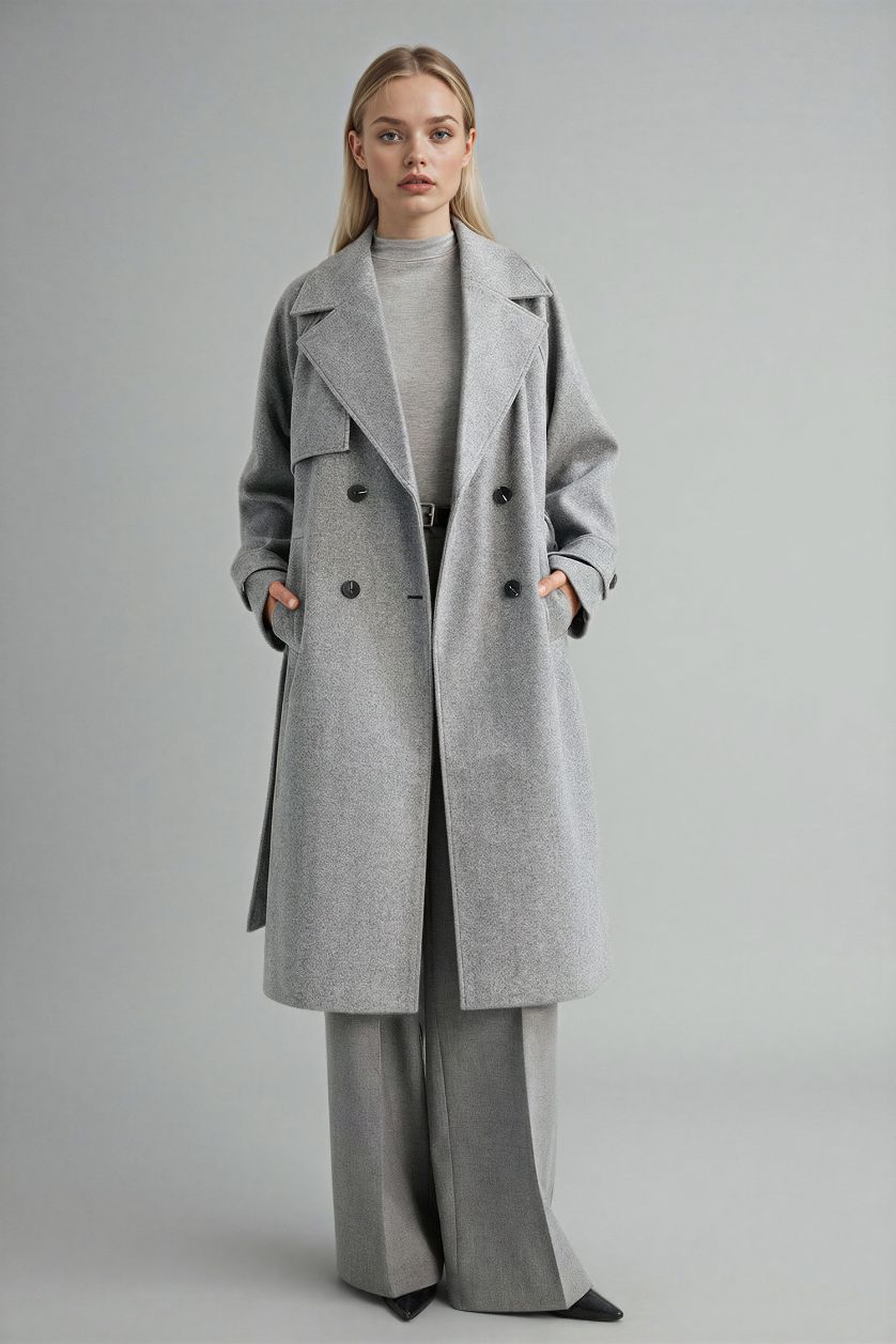 Woman Grey Regular Fit Button Down Cachet Long Coat